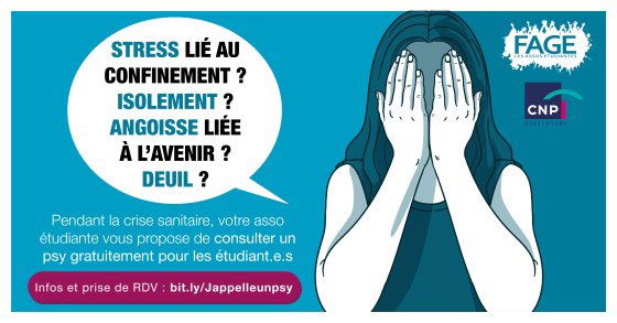 #SolidariteCOVID19 | Suite à l'annonce du #confinement2, <a href="/La_FAGE/">FAGE</a> propose l’accompagnement gratuit d’un psychologue par téléconsultation 💬
￼
<a href="/la_feder/">FEDER</a> soutient cette initiative et vous accompagne en ces temps difficiles 💪🏽

+ d'infos : bit.ly/Jappelleunpsy