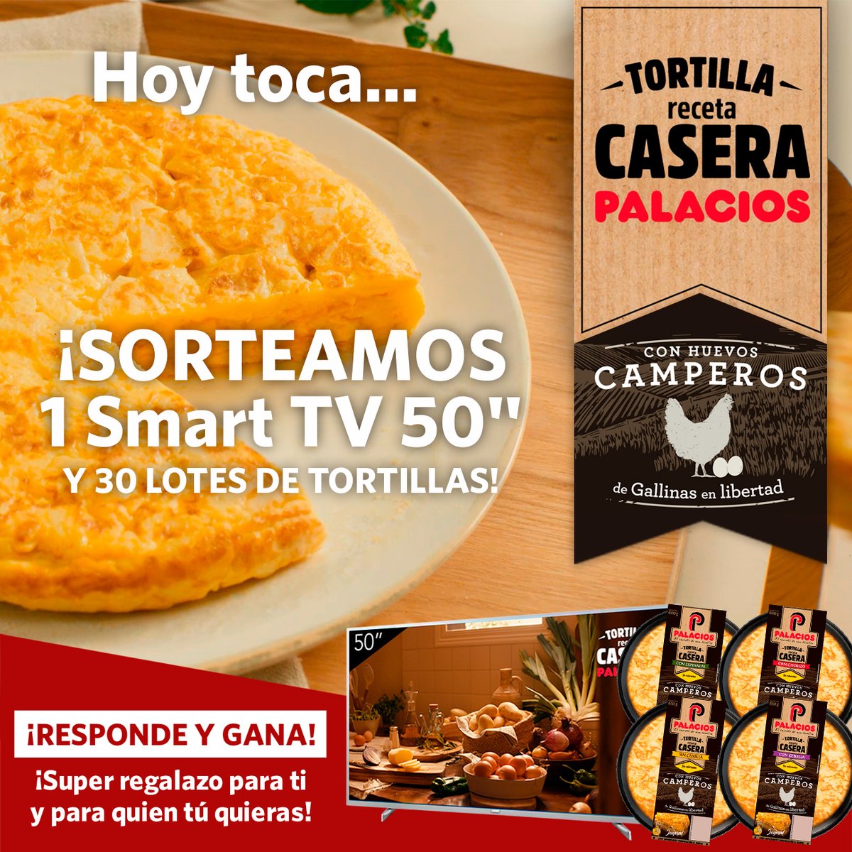 PalaciosGrupo's tweet photo. #SORTEO Hoy toca… decirnos si prefieres una tortilla con huevos camperos y por qué. Sorteamos un Smart TV 50 Pulgadas Philips 50PUS7555 y 30 lotes de Tortilla Receta Casera Palacios con Huevos Camperos entre todas vuestras respuestas. Más info aquí: https://t.co/BDLrjEckWl https://t.co/bSLl1v4kJa