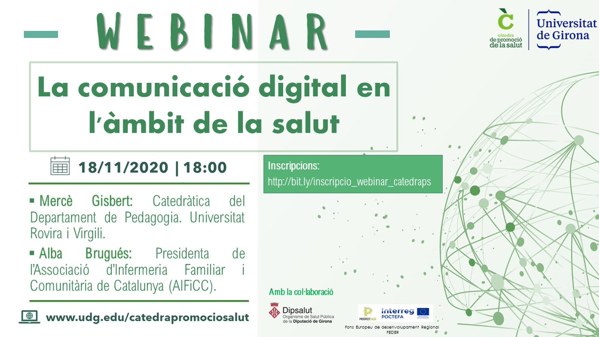 CpromosalutUdG's tweet photo. 📢Us convidem al cicle de #Comunicació i #Salut format per dos webinars que organitzem👇
1⃣La comunicació digital en l’àmbit de la salut
 📅18/11 
⌚️18.00 
🔗https://t.co/VCcZq1RYez 
2⃣Alfabetización digital en el ámbito de la salud 
📅24/11
 ⌚️17.30 
🔗https://t.co/COHcWfviu8 https://t.co/q3hkcbUPsa