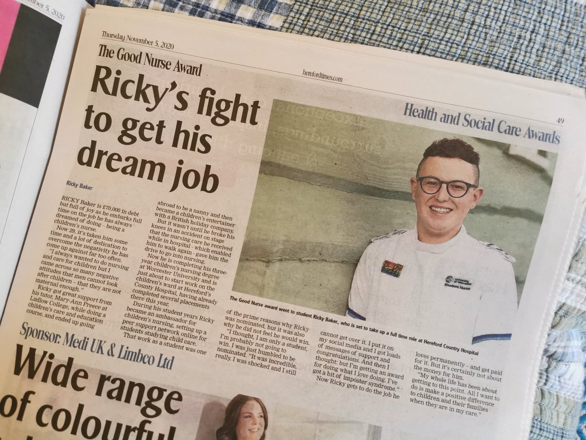 Ricky Baker 🏳️🌈 (he/him) (@rickybaker_rn) on Twitter photo Little write up in the <a href="/herefordtimes/">Hereford Times</a> today about my journey into nursing. Still so amazed to have have won the Good Nurse Award whilst still a student nurse. Looking forward to the next part of the journey as a NQN <a href="/WyeValleyNHS/">Wye Valley NHS Trust</a> Children's Ward 🤩 #TeamWorc #AmazingWVTStaff Little write up in the <a href="/herefordtimes/">Hereford Times</a> today about my journey into nursing. Still so amazed to have have won the Good Nurse Award whilst still a student nurse. Looking forward to the next part of the journey as a NQN <a href="/WyeValleyNHS/">Wye Valley NHS Trust</a> Children's Ward 🤩 #TeamWorc #AmazingWVTStaff