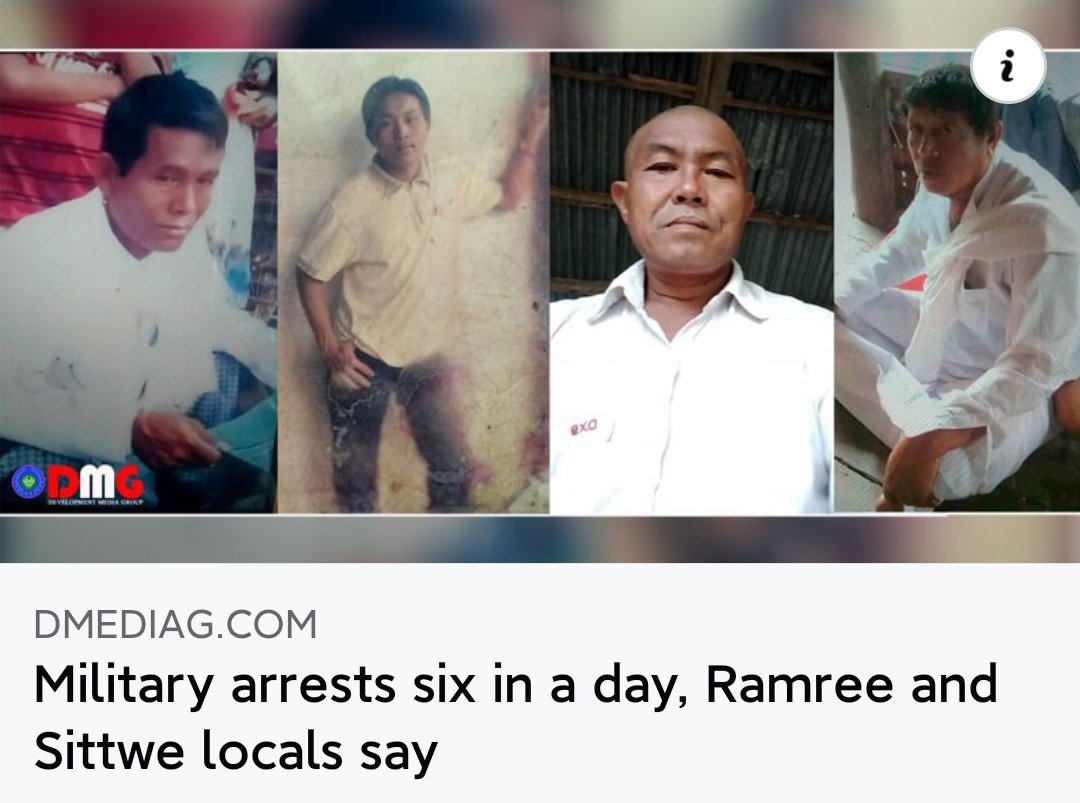 #Myanmar;
Military personnel in #Arakan State arrested two residents of Ramree Township and four people from #Sittwe Township on Nov 3, saying they were being detained for further questioning, according to locals. 
<a href="/hrw/">Human Rights Watch</a> <a href="/PVamplify/">Progressive Voice</a> <a href="/JusticeMyanmar/">Justice For Myanmar</a> <a href="/NDBurma/">Network for Human Rights Documentation - Burma</a>
dmediag.com/news/2227-six-…
