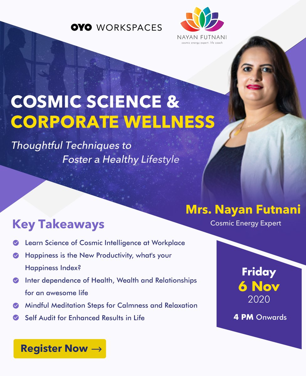 NayanFutnani's tweet photo. Join us this Friday for a free 60-min session on how to use #CosmicEnergy to enhance your physical and mental wellbeing at workplaces
Register for free: https://t.co/i3ZTuPDIj2
#cosmicenergyexpert #healthylifestyle #selfmotivation #corporatewellness https://t.co/dHthOUd209