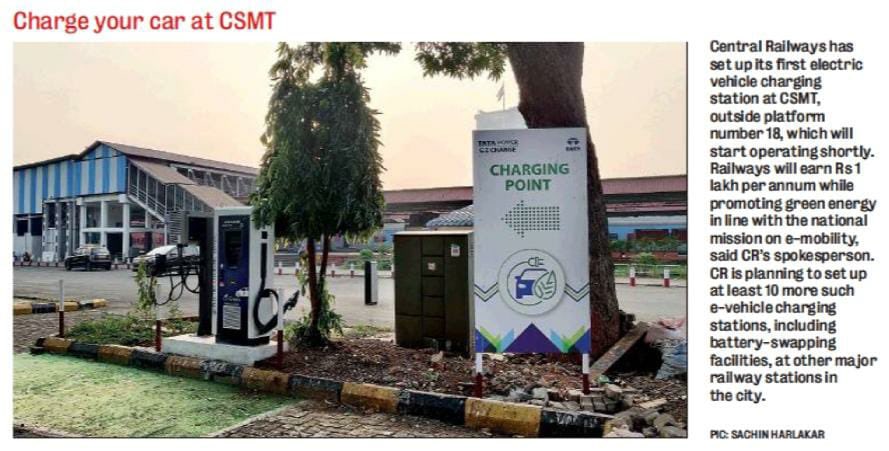 Promoting Green Energy, Conserving Environment:

Central Railways has set up first electric vehicle charging station at CSMT station outside Platform No.18 in Mumbai in line with national mission on e-mobility.