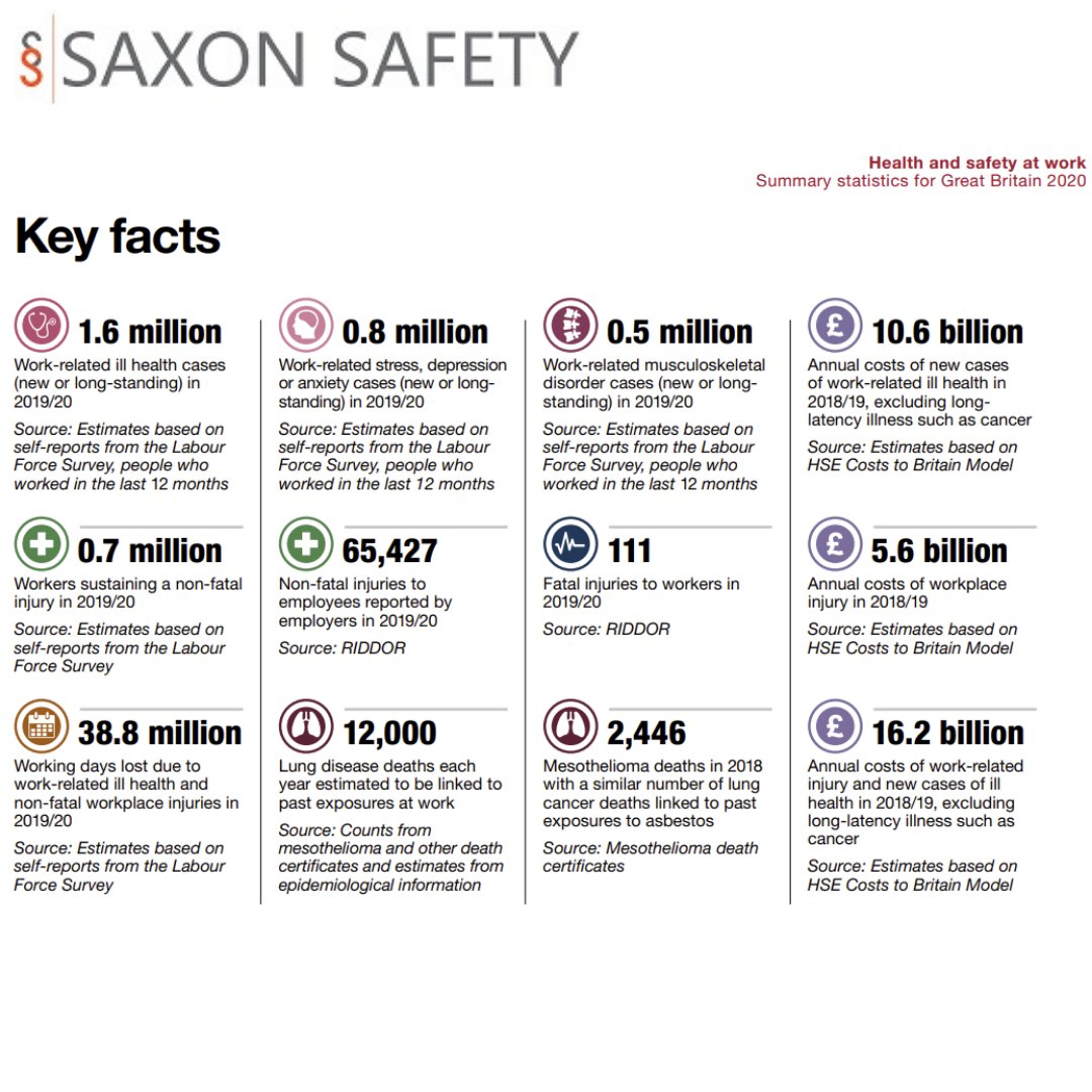 SaxonSafety's tweet photo. The HSE have published their health and safety statistics for 2020.
Valuable information which shows us areas we can learn from and where we can improve health and safety.
For ongoing help, advice and support. Contact us today
Everyone has the right to work in a safe environment https://t.co/NUp62qn8H2