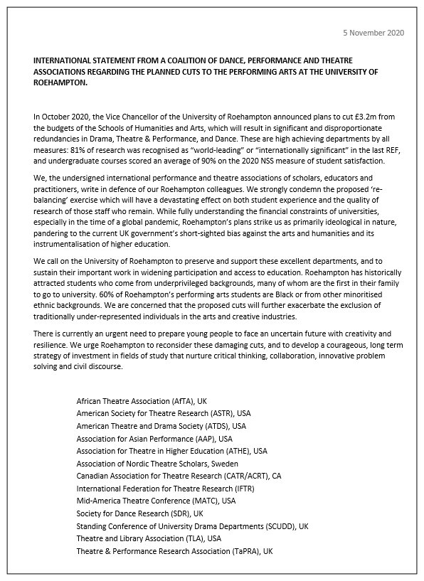 TaPRA (@tapra_) on Twitter photo INTERNATIONAL STATEMENT FROM A COALITION OF DANCE, PERFORMANCE AND THEATRE ASSOCIATIONS REGARDING THE PLANNED CUTS TO THE PERFORMING ARTS AT THE UNIVERSITY OF ROEHAMPTON <a href="/RoehamptonUni/">Uni of Roehampton</a> INTERNATIONAL STATEMENT FROM A COALITION OF DANCE, PERFORMANCE AND THEATRE ASSOCIATIONS REGARDING THE PLANNED CUTS TO THE PERFORMING ARTS AT THE UNIVERSITY OF ROEHAMPTON <a href="/RoehamptonUni/">Uni of Roehampton</a>