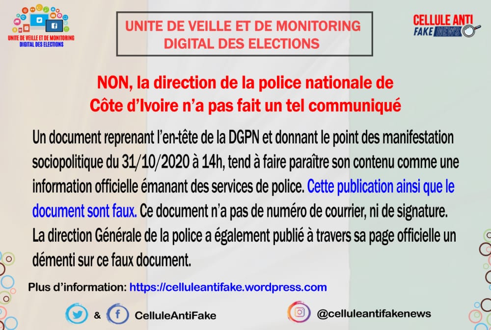CelluleAntiFake's tweet photo. #AlertesFakeNews
*Non, la Direction de la police nationale de Côte d'Ivoire n'a pas fait un tel communiqué*
#CAFN #civelections2020
Plus d'infos 👇
https://t.co/Bm2GrMGtO1 https://t.co/GBUW9ZwDgF