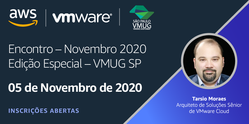 AWSBrasil's tweet photo. É hoje! Traga suas dúvidas para este encontro virtual de @vmugsp, em que Tarsio Morais, Arquiteto de Soluções Sênior da AWS, apresentará como implementar projetos de Vmware Cloud na prática. Faça sua inscrição em: https://t.co/LrQCu5Uk1D https://t.co/RAnvOevQmD