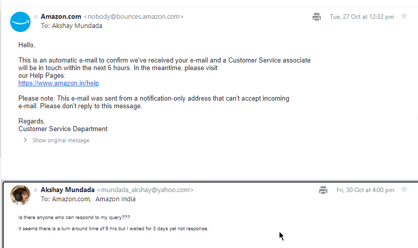 AkshayMundada's tweet photo. Is @amazonIN @AmazonHelp Customer Care on Diwali vacation, I have raised 2-3 mails to get some help from CC.
As per policy it seems to be reverted back in 6 hrs. Even after 6 days I have not received any reply?? https://t.co/iWRmW8ykUO