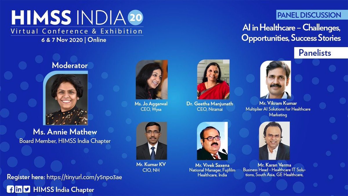 #himssindia20 Panel Discussion: AI in Healthcare Nov 6 4PM - 5:15 PM

Registration: bit.ly/2GG6F1w

@HIMSS @HIMSSIndia #DigitalHealth #AIinhealth @HIMSSAP #COVID19India