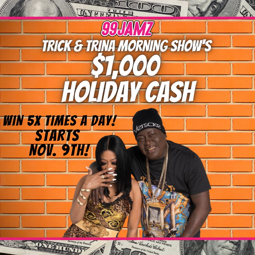 99JAMZ's tweet photo. .@305MAYOR & @TRINArockstarr are hooking you up with $1,000 just in time for the holidays! Starting this Monday, the #TNTMS is giving you a chance to win Trick & Trina's $1,000 Holiday Cash 5 times a day!
DETAILS: https://t.co/rvySbJHXQ4 https://t.co/xvVumOcf4G