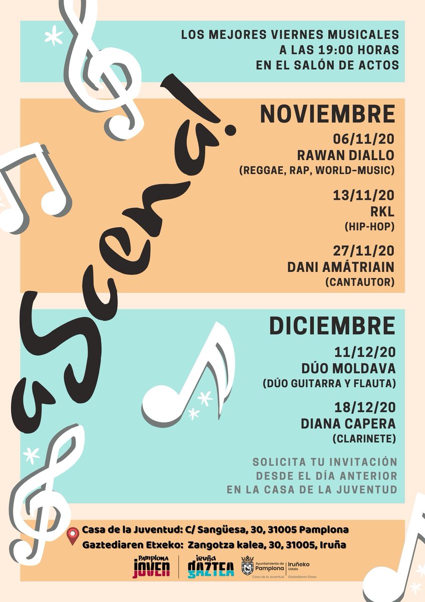Pamplona_ayto's tweet photo. ¡Este viernes comienza #aScena! 🎶🎤‼️
👉 El programa que da la oportunidad a solistas y grupos de jóvenes a subirse al escenario, con público y las mejores condiciones técnicas
Los viernes a las 🕖19:00
📍 en la Casa de la Juventud
+INFO: https://t.co/w6Ceiiyf9N https://t.co/yS5RKT8eJk