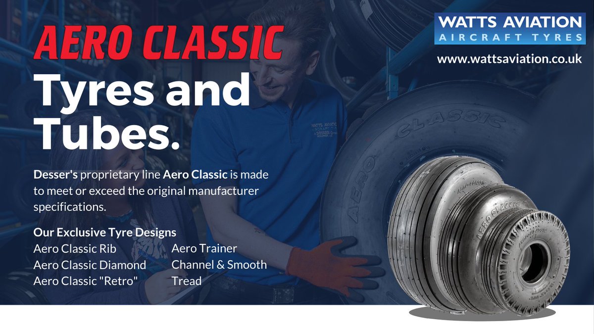 Wattsaviation's tweet photo. Desser Aerospace and their proprietary line 'Aero Classic' has been a reliable part of Watts Aviation's wide range of brand offering due to their coverage across most General Aviation aircraft.

Contact us more information on our exclusive tyre designs.

#aviation #avgeek #tyres https://t.co/WsNudwjIpY