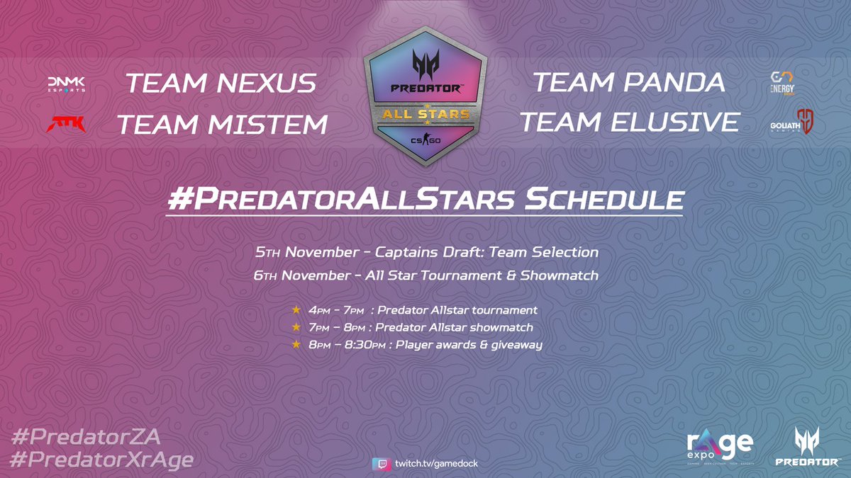 gamedockgg's tweet image. 📢#PredatorAllstar CSGO Tournament📢

🏆In celebration of #rAgeExpo2020 we have teamed up with @PredatorAfrica to power our 1st #CSGOZA Allstar tournament!🔫🇿🇦

⏰Draft: 3pm
🔥Team @MisteMtv
🔥Team @ELUSIVEza 
🔥Team @Nexus_ZAcsgo 
🔥Team @panda4_CS  

#PredatorZA #PredatorXrAge