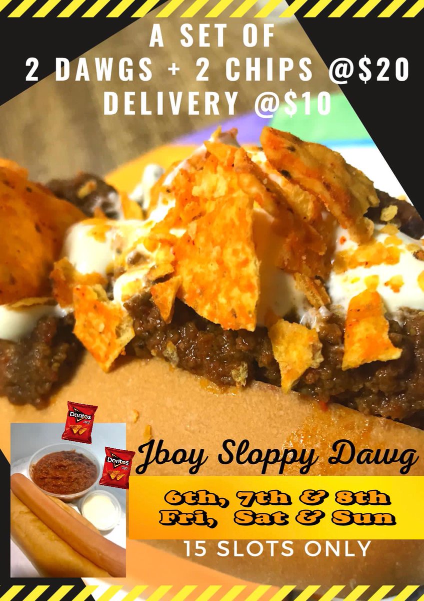 JSOOPA's tweet photo. ORDER NOW!Fastest Finger First.While Stocks Last

AnyTime AnyDay Can Makan
.
.
1 set consists of:- $30 plus Delivery
2 Hotdogs in a bun
2 Smoked Chilli Beef Sauce
2 Sour Cream in a tub
2 Doritos Chips
.
.
#ESSENTIALS #SmokedChilliBeefSauce #essentialfood #jboysloppydawg https://t.co/CgWwmM5WhN
