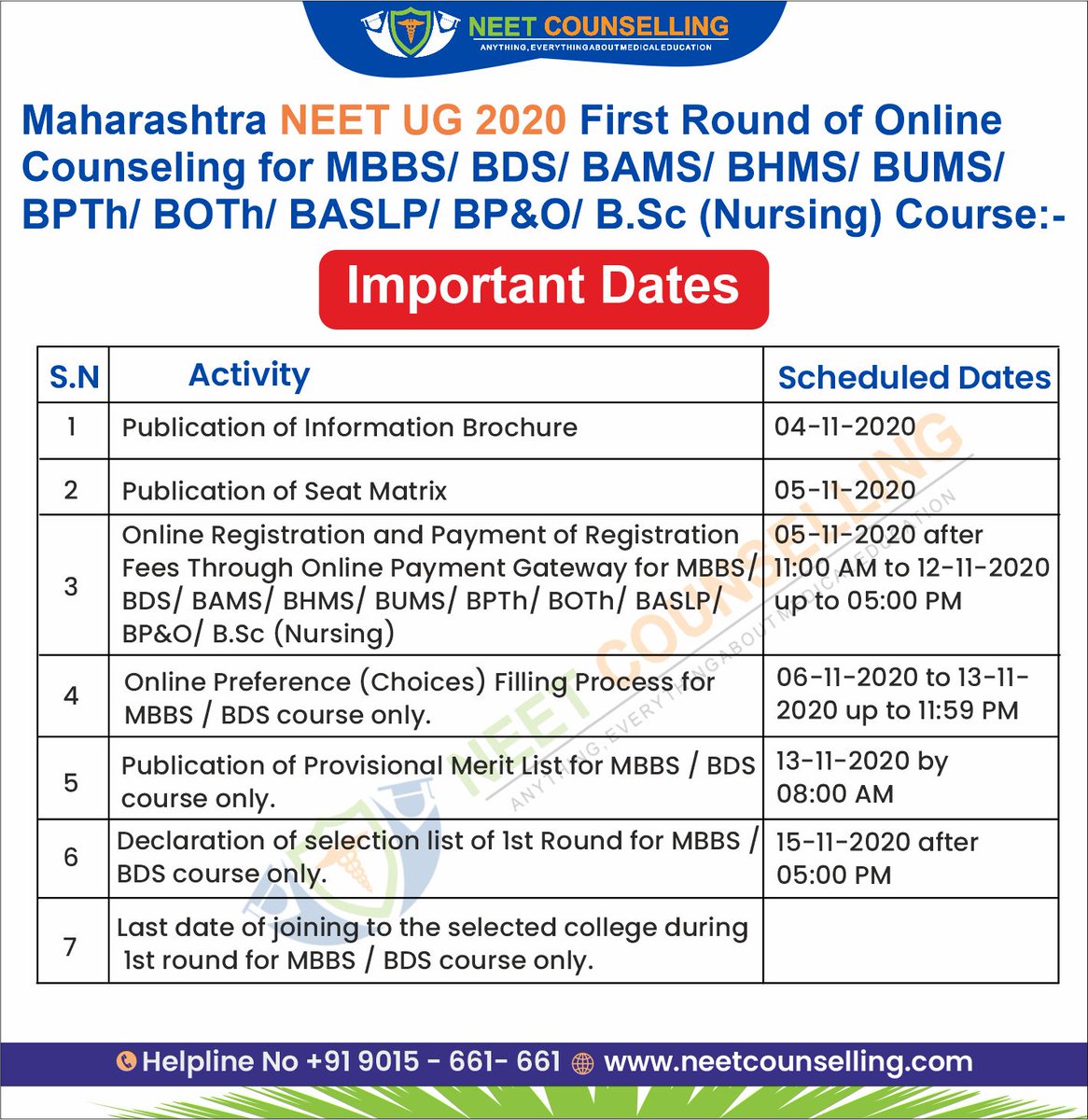 NEETCOUNSELLIN3's tweet photo. Maharashtra NEET UG-2020 MBBS / BDS / AYUSH / Bsc Nursing Counselling-2020  #NEET2020 #MBBS #BDS #neetug #Medical #AYUSH #BAMS #BHMS #Maharashtra https://t.co/hoHPBRdPPN