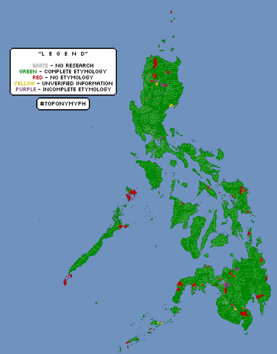 ToponymyPH's tweet photo. Progress Map of #ToponymyPH as of 11/01/2020
Was able to resolve the following towns:
#Bombon #Abulug #Carranglan #Lupao #SanLeonardo #Daguioman #Tineg #Tubo #Baco
The town of #Cabusao also turned yellow today.
1564/1634 (95.716%) towns and cities done! https://t.co/Fbom0J4Ozk