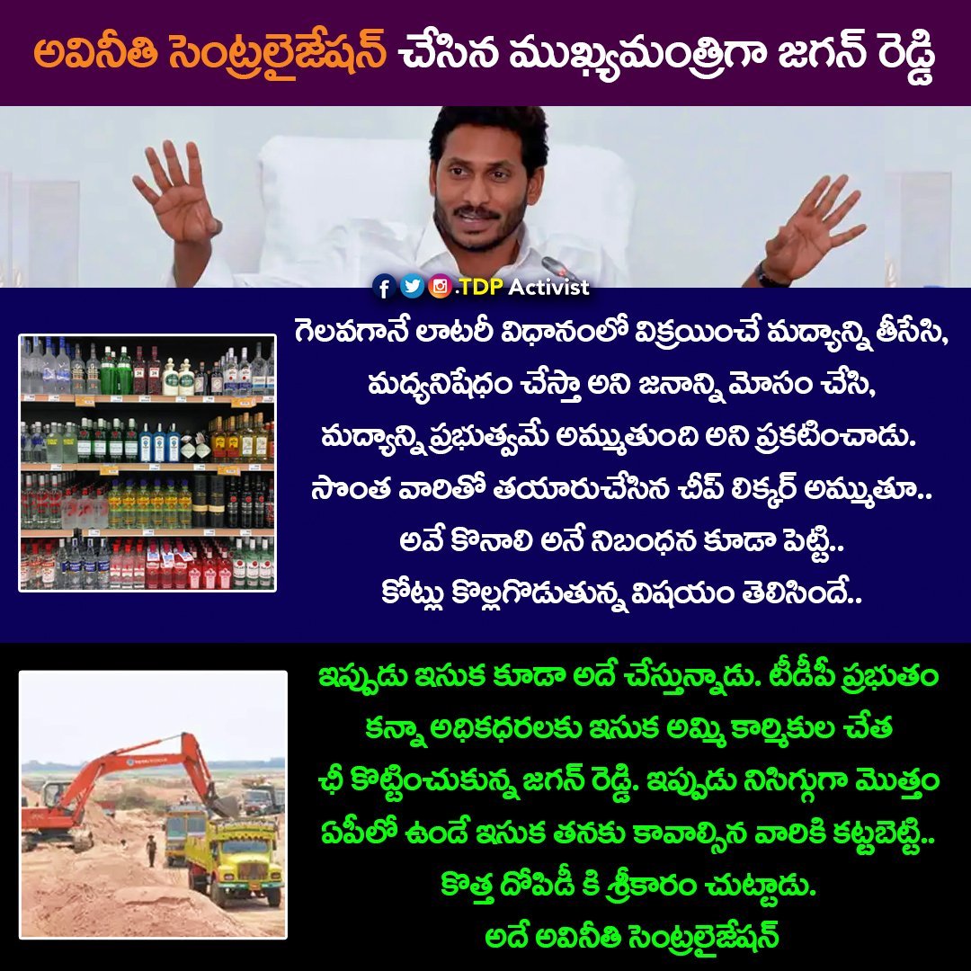 TdpActivist's tweet photo. అవినీతిని సంస్థాగతం నుండి వ్యవస్థాగతం.. చేసిన జగన్ రెడ్డి.

#corruptionCm #CorruptionKing #CorruptionCentralised #LiquorScamInAp #liquorScam #SandScam #YSJaganMohanReddy #YsJagan #Jagan #Ysrcp #AndhraPradesh #Ap #TdpActivist https://t.co/YbOeawbu5o