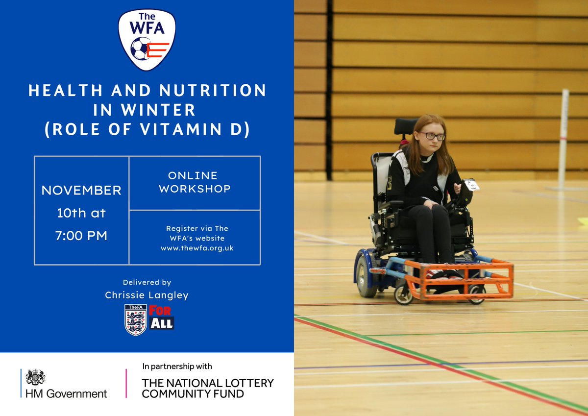 The_WFA's tweet photo. Our final well-being workshop will be delivered by Chrissie Langley from the @FA and will focus on 𝐇𝐞𝐚𝐥𝐭𝐡 𝐚𝐧𝐝 𝐍𝐮𝐭𝐫𝐢𝐭𝐢𝐨𝐧 𝐢𝐧 𝐖𝐢𝐧𝐭𝐞𝐫 𝐚𝐧𝐝 𝐭𝐡𝐞 𝐫𝐨𝐥𝐞 𝐨𝐟 𝐕𝐢𝐭𝐚𝐦𝐢𝐧 𝐃.

Register via the link below ⬇️

https://t.co/n2sCQLOjt6

#PowerchairFootball https://t.co/f6Pvy5dI9K