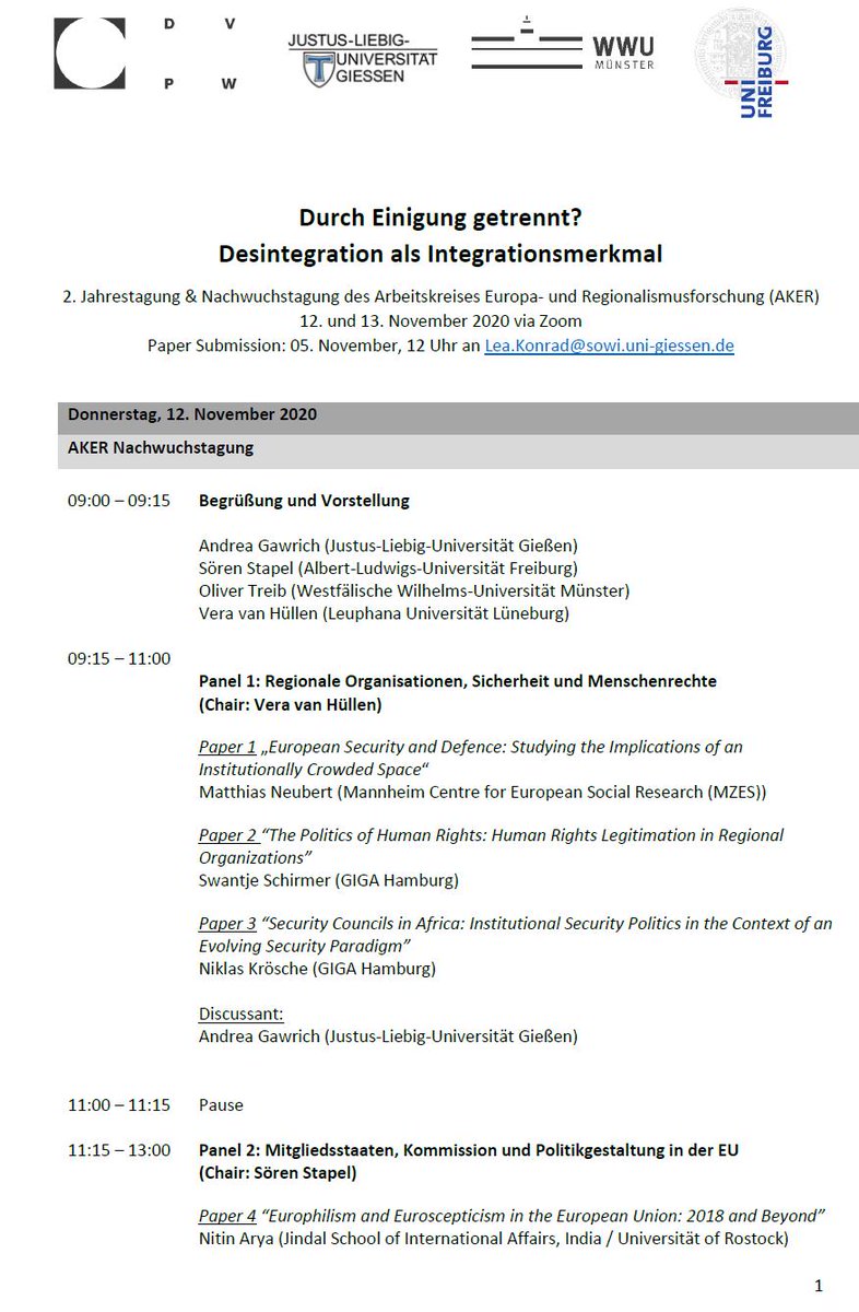 sostapel's tweet photo. "Durch Einigung getrennt? Desintegration als Integrationsmerkmal". Am 12. und 13. November 2020 findet die Jahrestagung des Arbeitskreis Europa- und Regionalismusforschung (AKER) *online* statt. @dvpw https://t.co/Ne1bguYZ9v
