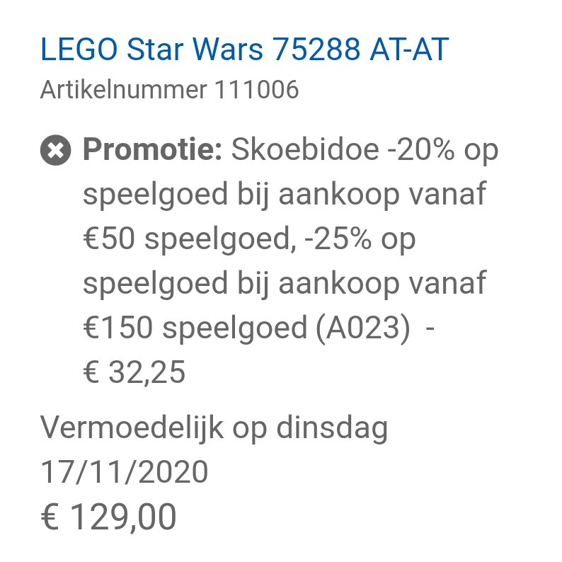 dewlanna's tweet photo. Ik weet niet of ik dat hier mag delen, maar als je bij je @DreamLandBE aankopen de promotiecode A023 gebruikt krijg je 20% (vanaf β¬50) of 25% (vanaf β¬150) korting.
Zo duikt de AT-AT voor het eerst onder de grens van 100 euro.
#LEGOtipper https://t.co/GVUOOqE2AC