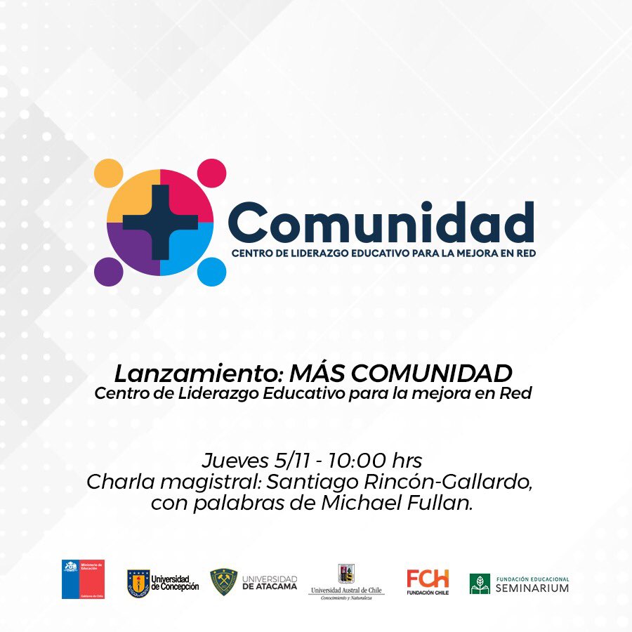 #MasComunidad | Recuerda que podrás conectarte desde las 09:50 hrs a la ceremonia de lanzamiento del Centro de Liderazgo Educativo +Comunidad, para que no te pierdas ni un segundo del evento.

Sigue a transmisión en vivo a través de youtube.com/watch?v=X2wEcT…