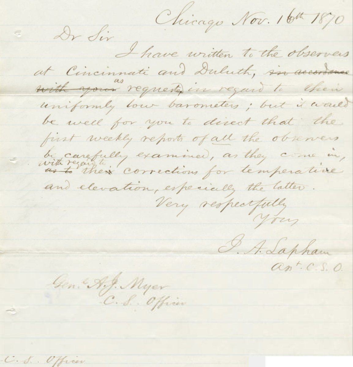 IncreaseLapham's tweet photo. Nov 16th 1870 As I predicted, the barometers at Cincinnati and Duluth do not appear to be accurate. They are reading too low. @AlbertMyer70 , please direct all observers to carefully examine their readings of temperature and barometer on the first weekly report! #mke70 https://t.co/r8y4ylzYKi