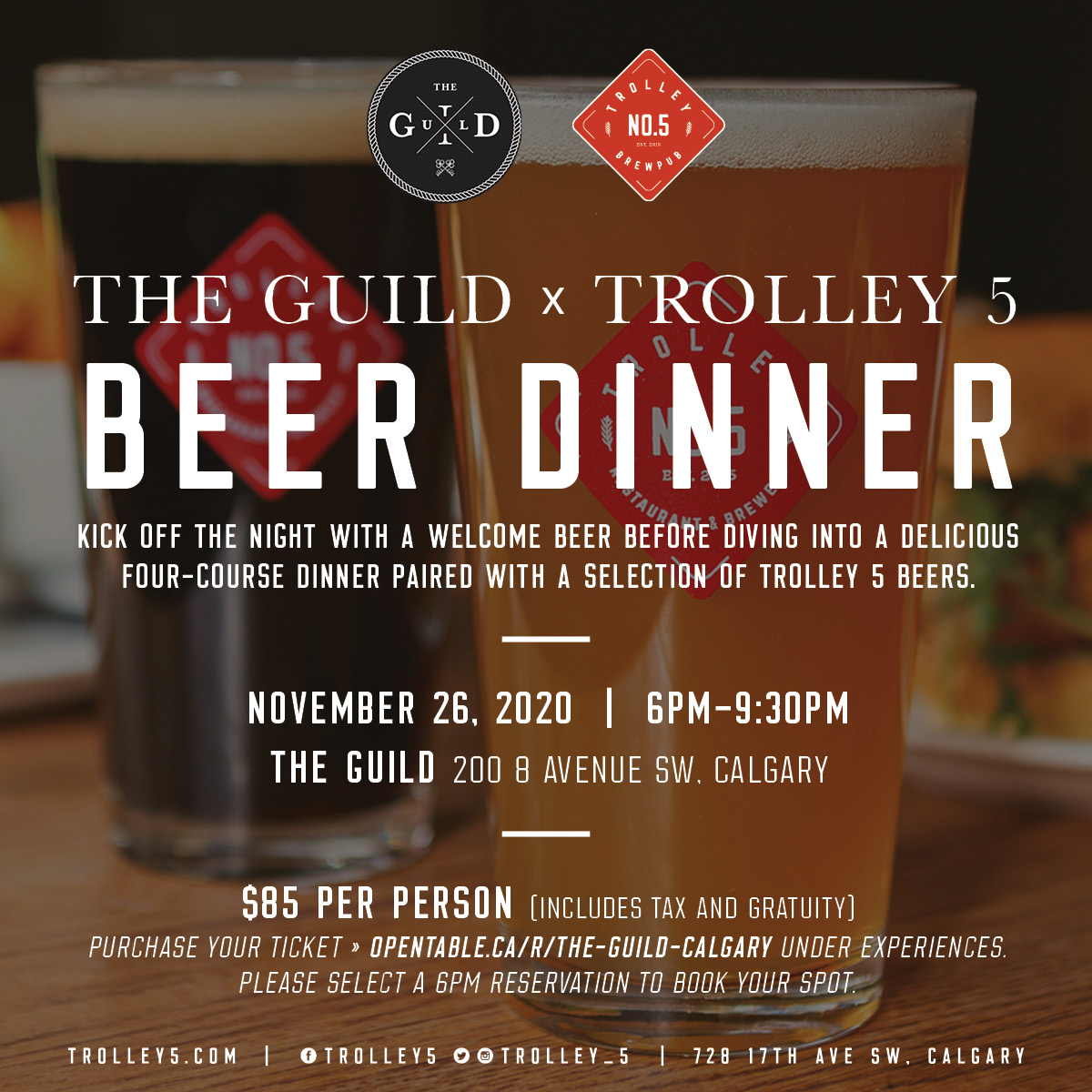 Trolley_5's tweet photo. The Guild x Trolley 5 Beer Dinner 
Four-Course Dinner paired with Trolley 5 Brews
November 26, 2020, 6pm at The Guild
Tickets: $85 per person available through https://t.co/rfz6UEF8DL

#communitybrewpub #supportlocal #yycbeerdinner https://t.co/rttmc1kjZe