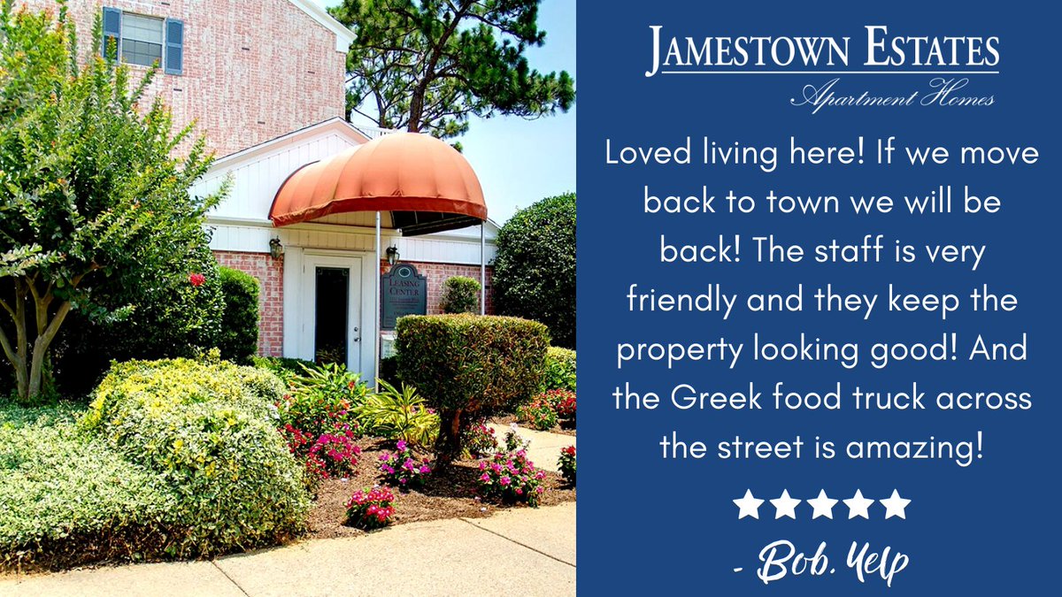 Thank you for the kind words, Bob! We’re so happy you loved your experience living at <a href="/JamestownEsts/">Jamestown Estates</a>! Great work, team. 👏 #MorguardApartments #JamestownEstates