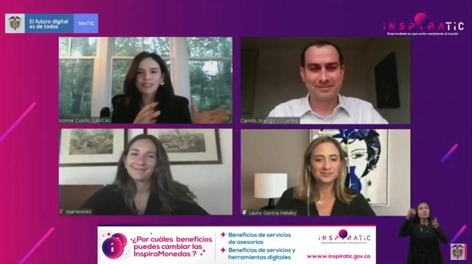Ministerio_TIC's tweet photo. #TalleresInspiraTIC | Conéctate al panel “Colombia como destino de inversión” con María del Mar Vélez de Crack the Code, Ivonne Cuello de @lavca_org, Camilo Arango de #Vueltap y Laura Gaviria de @Softbank en la tercera sesión de #InspiraTIC. https://t.co/JZDCk9ZEdg https://t.co/thpfbhraNU