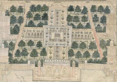 For sake of brevity, let's explore the most prominent manifestation of this divine image: the Persian Chahar Bagh (four gardens).In its most common form, four symmetrical plots are bordered by streams, capped at centers (or ends) with fountains.