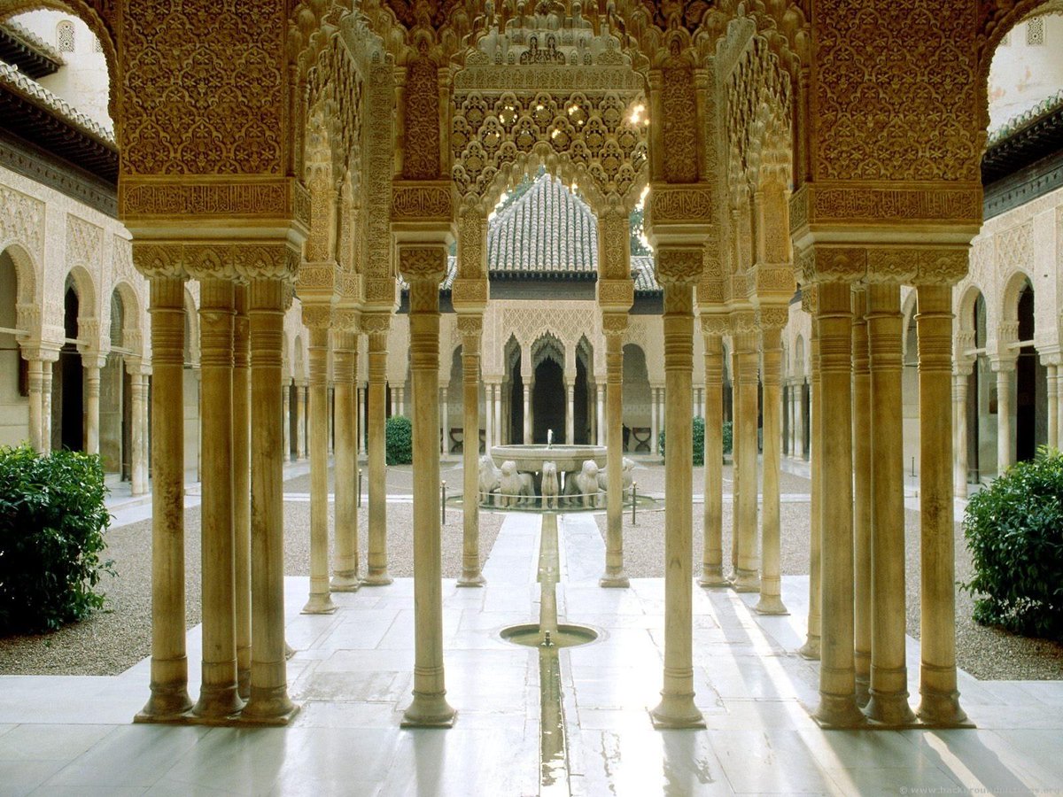 The resultant space is intended both to represent and remind of Paradise.Here are some examples of Chahar Bagh from across the Muslim world.Left: Tomb of Jahangir, Lahore.Right: Court of Lions at the Alhambra, Granada (once full of rich planting).