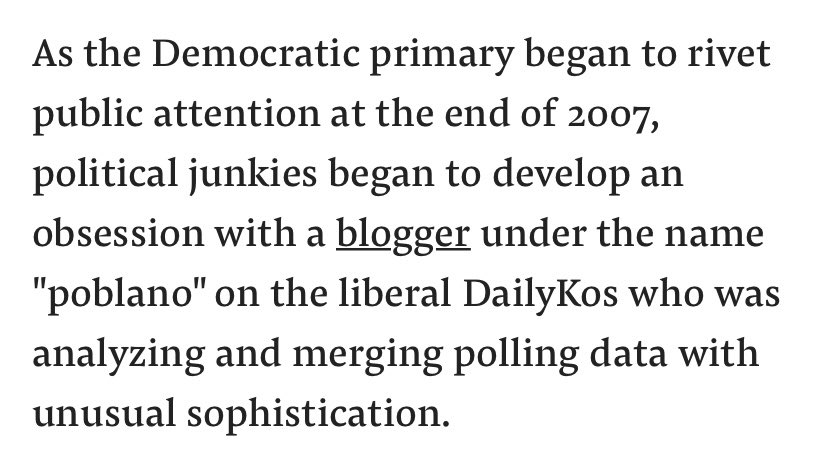 He wasn’t a poll wizard. He was an anonymous DailyKos blogger looking at polls in the winter of ‘07 & primaries. Hypothetical: like the Trump team feeding Ricky Vaughn internals in ‘16, then RV being hired by the NY Times & given a book deal released 2 months before re-election