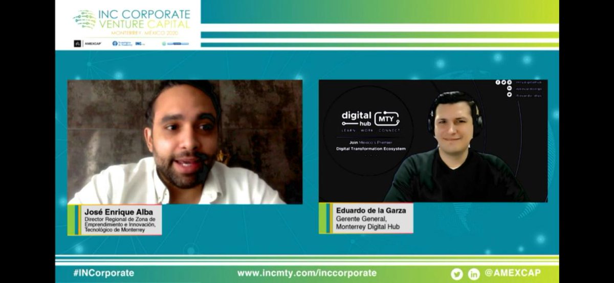 AMEXCAP's tweet photo. .@Eduardo_dlgs, Gerente General de @mtydigitalhub en #INCorporate para hablar sobre #intraemprendimiento e #innovación en una charla con @JoseAlbaE, Director Regional de la Zona de Emprendimiento e Innovación del @TecdeMonterrey. #CorporateVC #inversiones #empresas #emprendedores https://t.co/uczwirlOfd