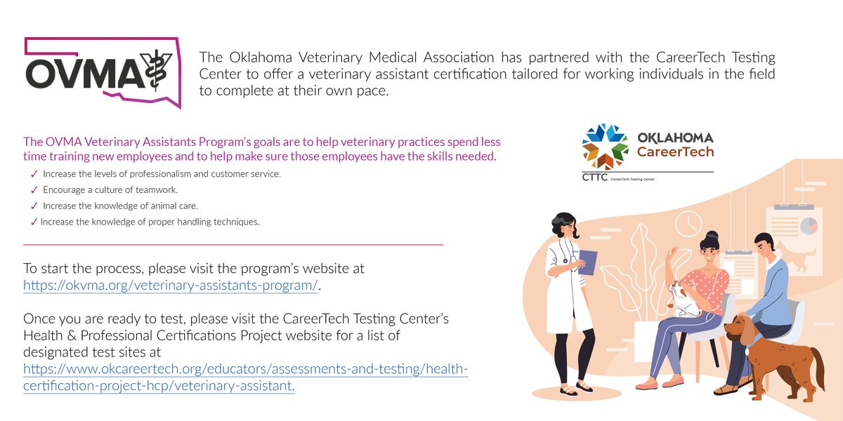 okcareertech's tweet photo. Are you interested in becoming a veterinary assistant? We have exciting news! #OKCareerTech has partnered with @OklahomaVMA to offer a certification program. For more information, visit https://t.co/OGQRVFjn9l https://t.co/pOM7Ousvi0