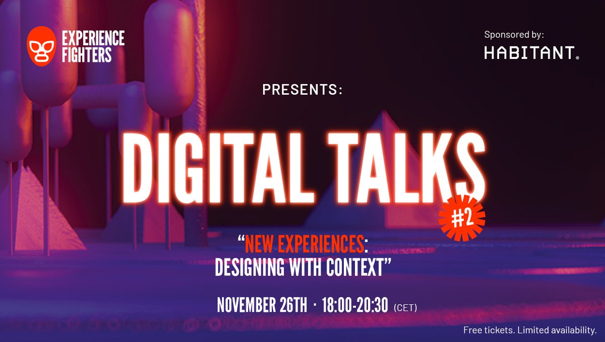 expfighters's tweet photo. ¡Hello #fighters! 🚀

Ya están aquí nuestras #DigitalTalks2 online – en colaboración con @HABITANT_ES –, que girarán entorno a la importancia del contexto a la hora de diseñar. Os esperamos el próximo 26 de noviembre a las 18:00 (CET). 

👉🏼 ¡Apúntate ya! https://t.co/f2SrpxhFzc https://t.co/lYpAwIW8p7