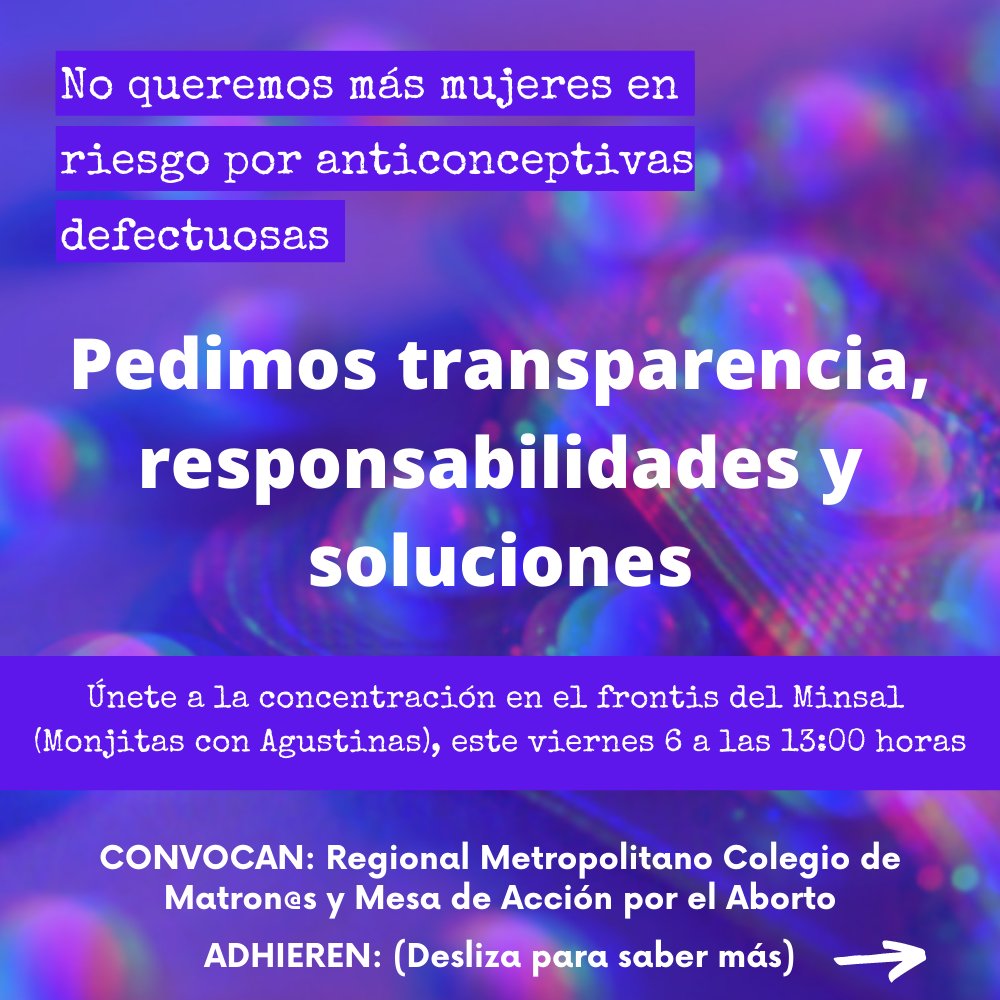 MatronasStgo's tweet photo. ALERTA | Llamamos a todas las mujeres y cuerpos gestantes reunirse este viernes en el frontis del Minsal, donde exigiremos soluciones frente a las reiteradas fallas en pastillas anticonceptivas, que han puesto en riesgo nuestra salud sexual y reproductiva y derecho a decidir. https://t.co/nCdhIR0EzZ