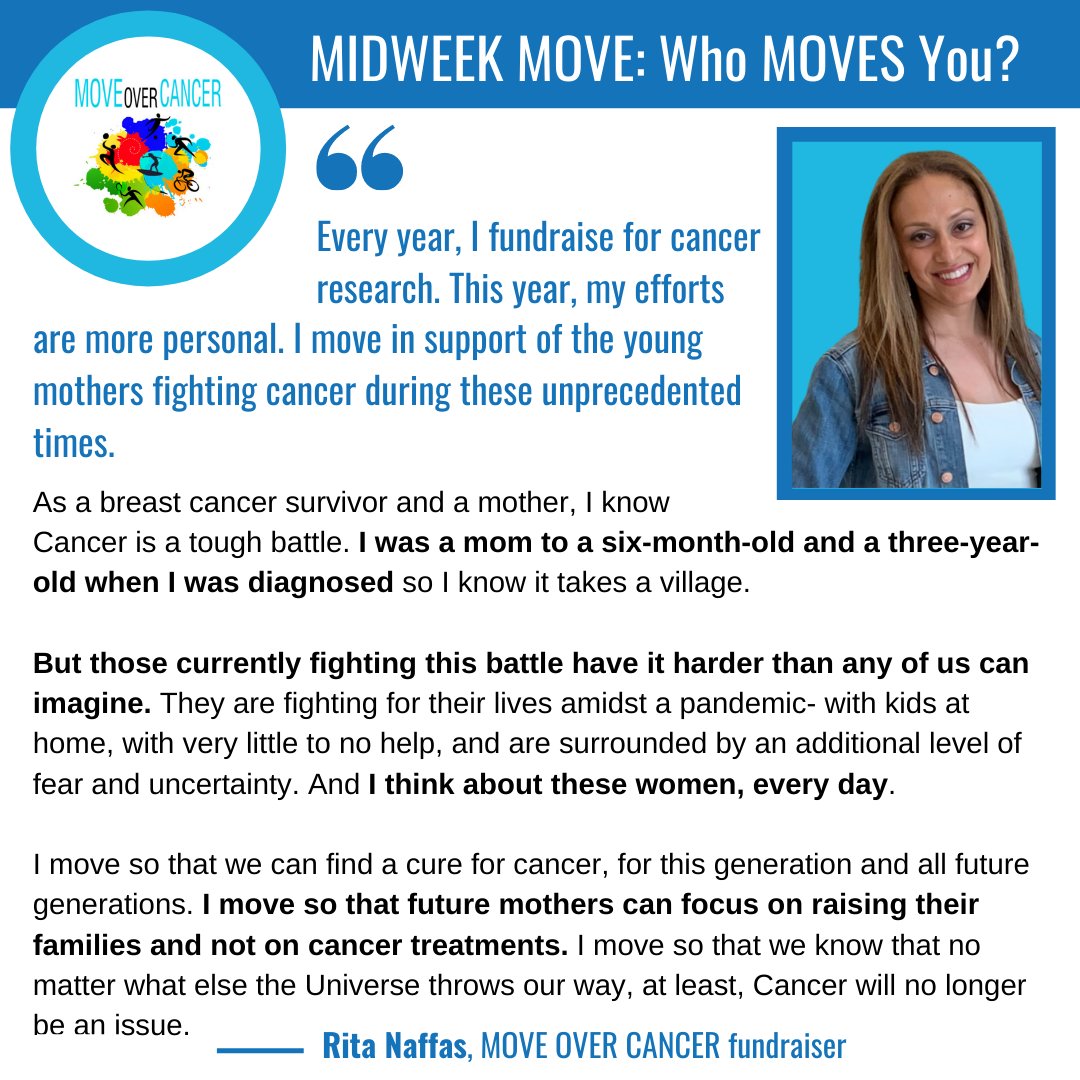TowerCancer's tweet image. Rita Naffas, one of our amazing MOVERs, graciously shared her story and what motivates her to fundraise with us for this week&apos;s Midweek MOVE. Visit moveovercancer.net to join Rita and our many other MOVERs!

#moveovercancer #cancerfreegeneration #cfg #move #towercancer
