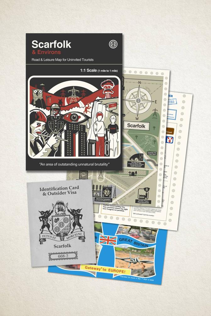 This year's addition to the print Scarfolk canon is "Scarfolk & Environs: Road & Leisure Map for Uninvited Tourists," endorsed by the likes of  @billybragg and  @Beathhigh. https://scarfolk.blogspot.com/2020/11/scarfolk-environs-road-leisure-map-for.html5/