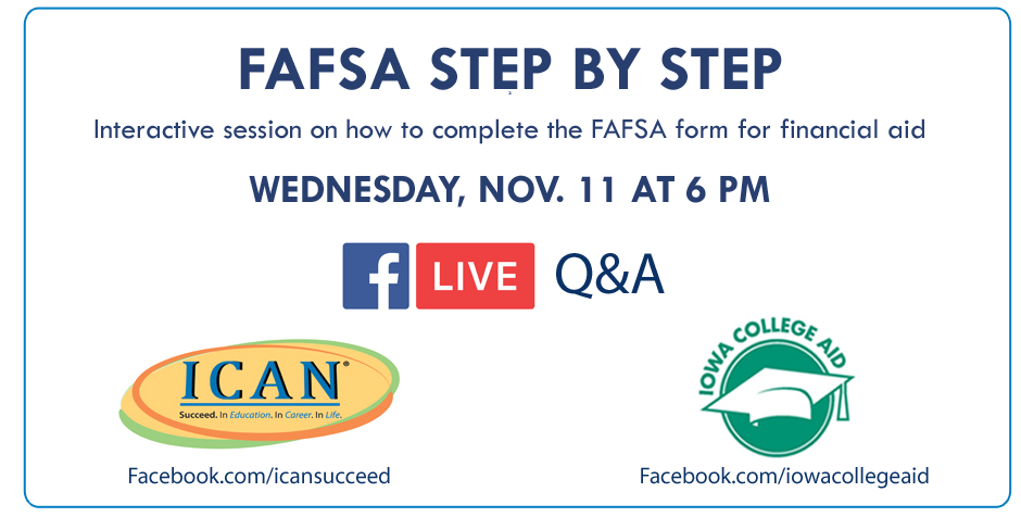 icansucceed's tweet photo. Join @icansucceed and @IACollegeAid LIVE on Facebook Nov 11 at 6 pm for an interactive session. Panelists will walk through how to complete the FAFSA form step-by-step, and answer questions along the way.
Check it out: https://t.co/g2GuRrMJYn https://t.co/mmfxmc1RZW