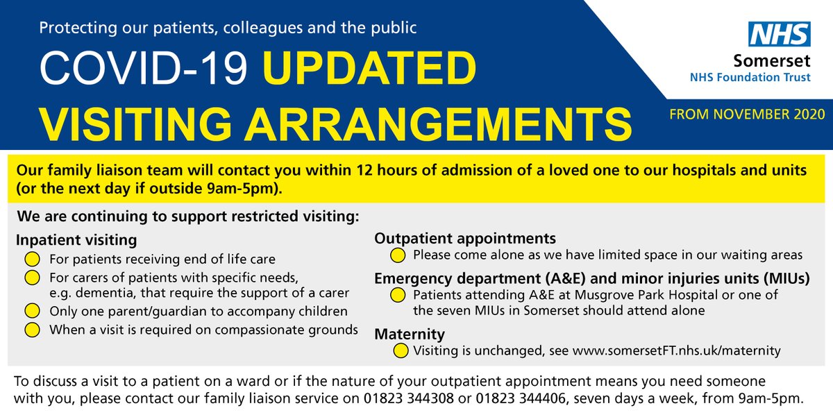 We're updating the visiting arrangements at our hospitals and units across Somerset.

Our family liaison team will be on hand to talk to everyone about visiting loved ones, as well as attending appointments. 

More information can be found here: bit.ly/3kWGh2x