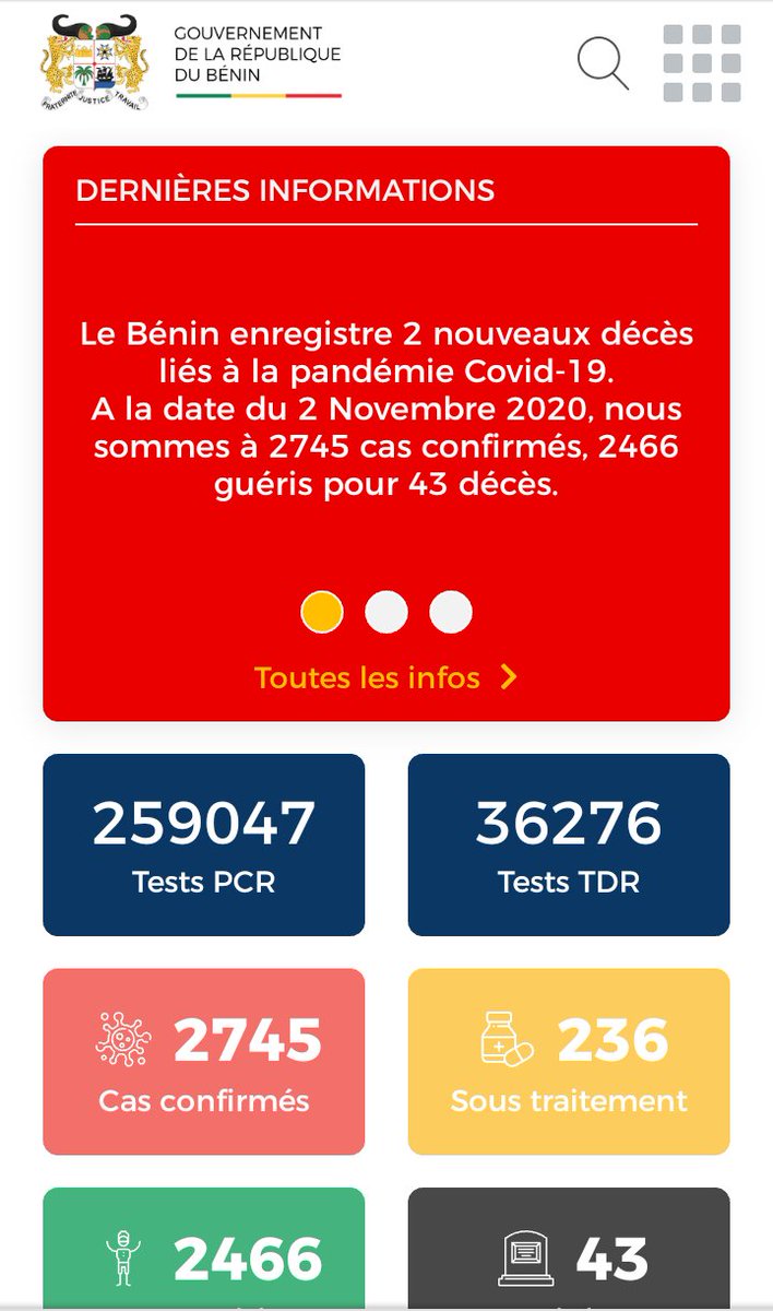 #Bénin 
#Coronavirus
2 nouveaux décès 
A la date du 2 novembre 2020
2745 cas confirmés
2466 guéris
236 sous traitement 
43 décès
#Respectonslesgestesbarrières