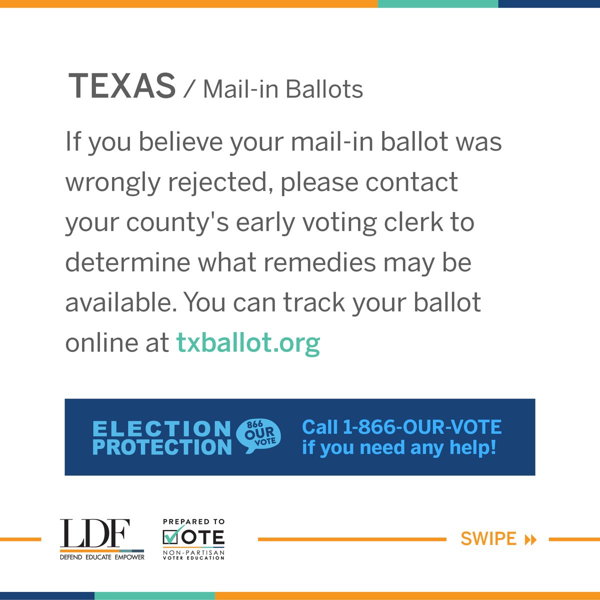 TEXAS! If you voted by provisional ballot because of a missing ID on Election Day, you have until Monday, Nov 9 to show your ID or sign a declaration at your county registrar and make sure your vote is counted! Learn more:  https://bit.ly/3esyTta  http://txballot.org 