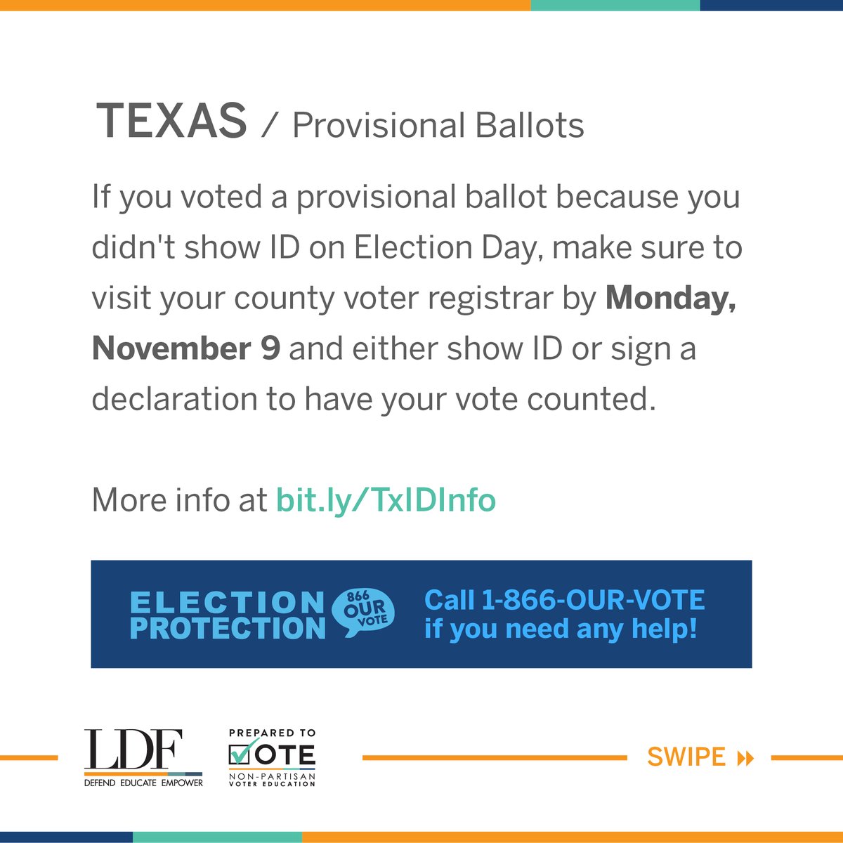 TEXAS! If you voted by provisional ballot because of a missing ID on Election Day, you have until Monday, Nov 9 to show your ID or sign a declaration at your county registrar and make sure your vote is counted! Learn more:  https://bit.ly/3esyTta  http://txballot.org 