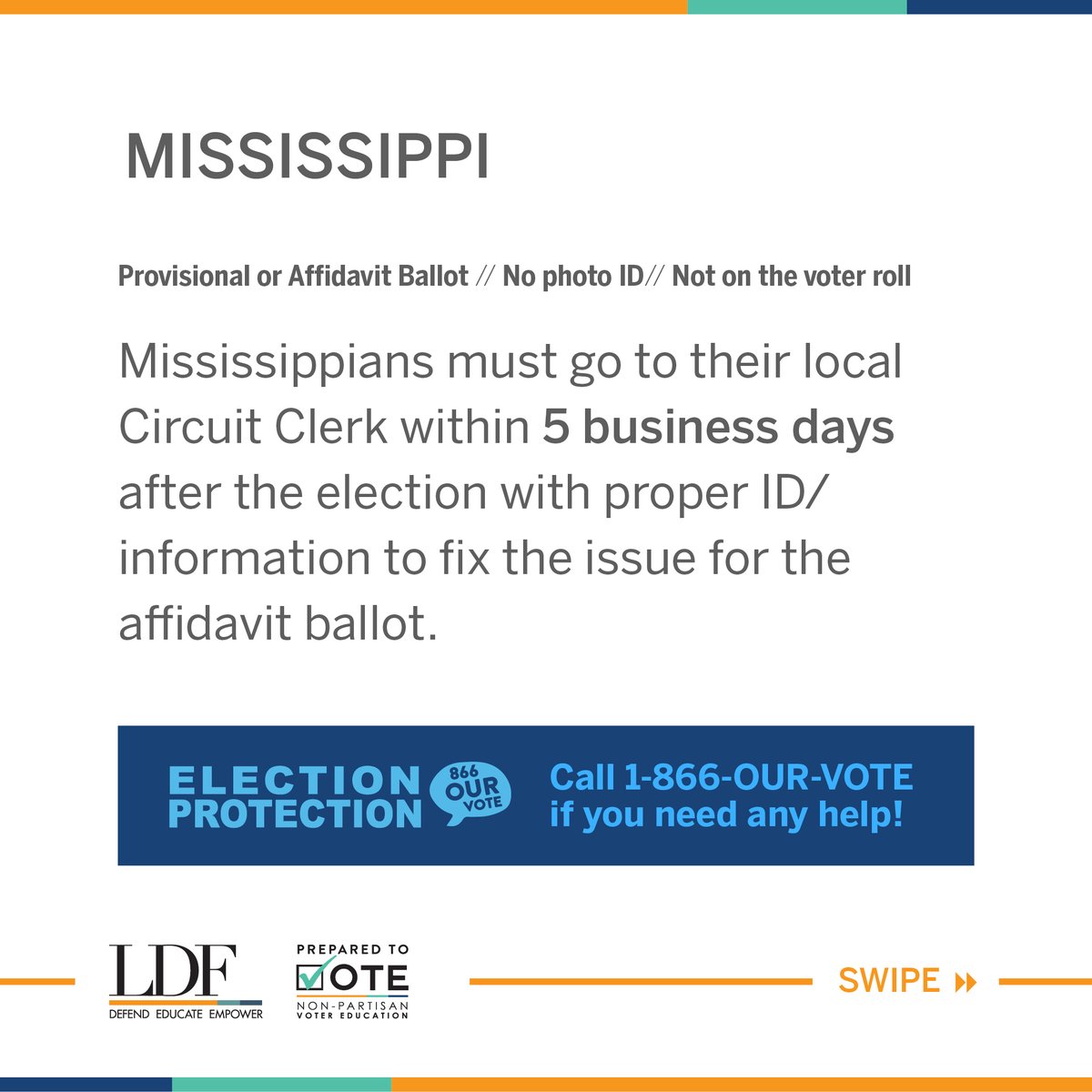 MISSISSIPPI! If you voted by provisional/affidavit ballot because your name was not on the voter rolls or missing ID, you can bring the proper ID/information to your local Circuit Clerk within 5 business days of the election to fix the error. Call 866-OUR-VOTE if you need help!