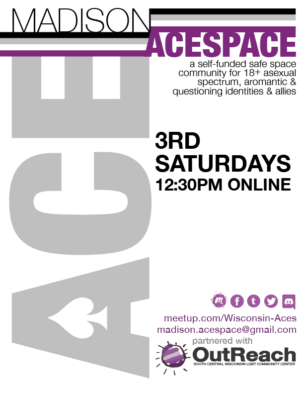 madisonacespace's tweet photo. The Nov 2020 Madison Acespace Support Group #acemeetup will be the 3rd Saturday, 11/21, 12:30pm online thru @OutReach_LGBT. Join us for #ace discussion &amp; #acecommunity!

https://t.co/BYyO5nmchC 

#ace #asexual #WIAces #wisconsinaces #acespectrum #LGBTQ #questioning #acesupport https://t.co/wAof8TTGju