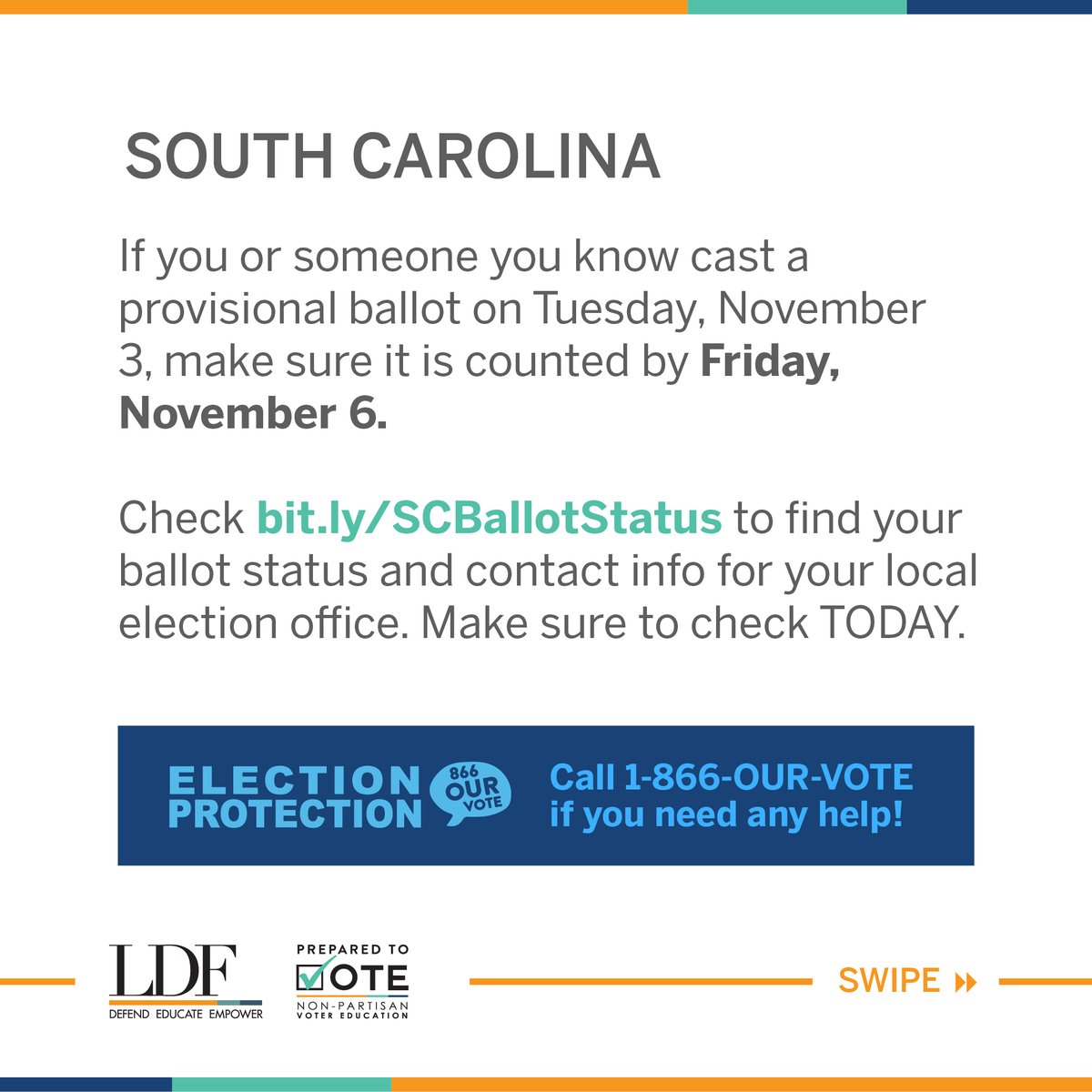 SOUTH CAROLINA! If you cast a provisional ballot, you have until TOMORROW Nov. 6 to make sure your vote is counted! Check your ballot status and local Election Office info here:  https://www.scvotes.gov/ Call 866-OUR-VOTE if you need any help!