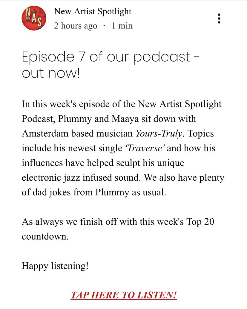 NAS_Spotlight's tweet image. Check out our website (link in bio) to hear our 7th podcast episode! Today our hosts @maayamattoo and @PlummyMusic interview featured NAS artist Yours-Truly about his music and influences ❤️

Link to podcast: newartistspotlight.org/podcast/episod…

#podcast #spotify #curator #playlist