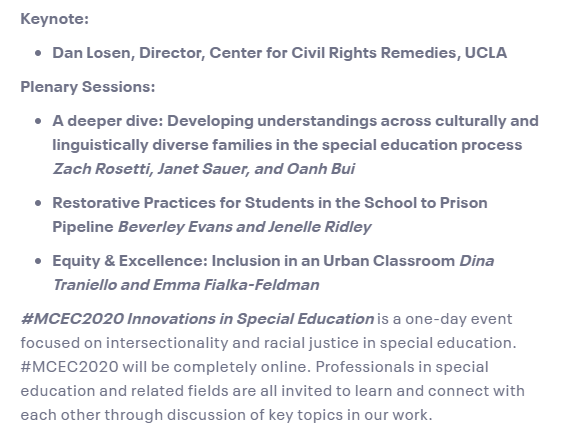 Join us for the 3rd annual #MCEC2020 virtual conference focused on intersectionality, racial justice, and equity in education. Keynote by <a href="/losendan/">Dan Losen</a> Director, Center for Civil Rights Remedies, UCLA mcec2020.eventbrite.com