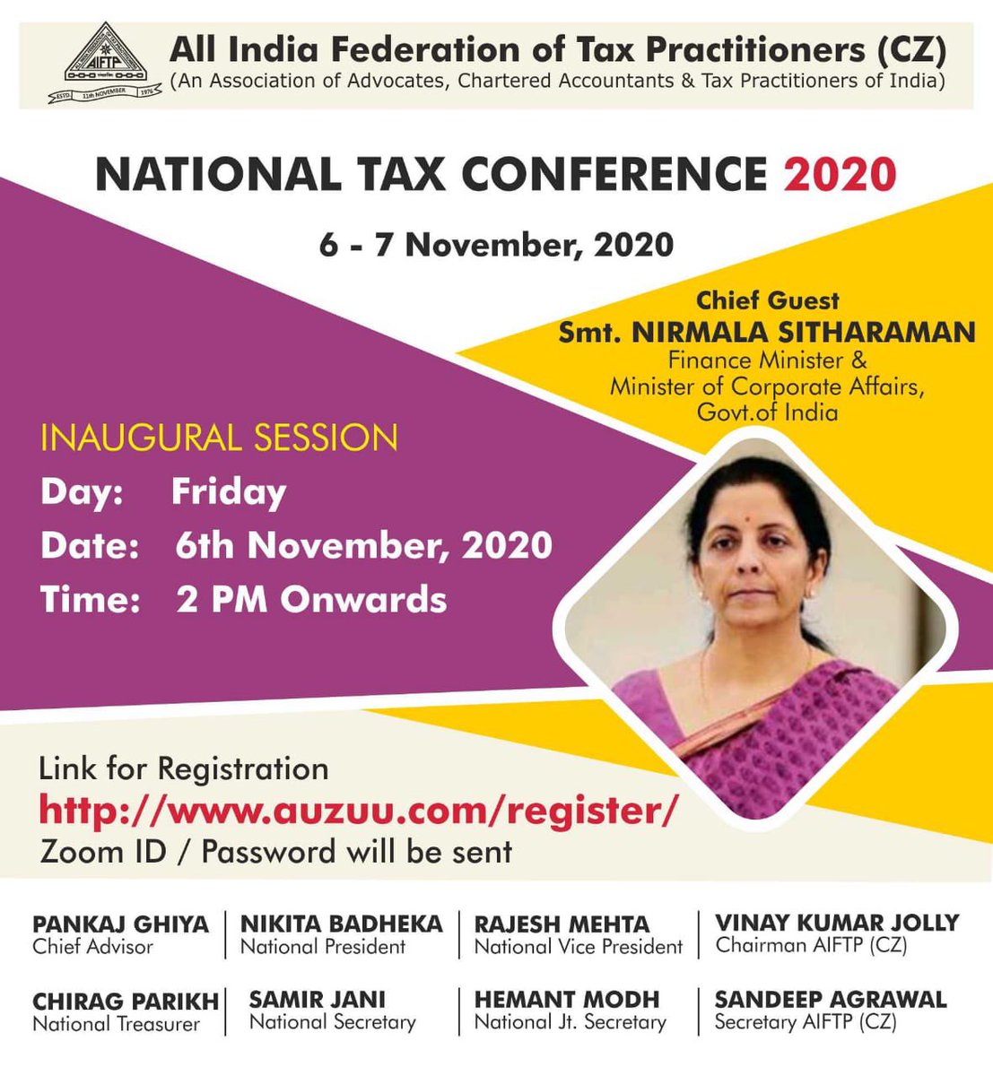 AiftpC's tweet photo. Join to listen to the finance Minister Hon’ble Smt Nirmal Sitharaman at AIFTP NTC on 6th Nov 2020 at 3 PM @ANI @ndtv @CNBC @CNBC_Awaaz @EconomicTimes @PTIofficial @FinMinIndia https://t.co/FNMH2cLax2